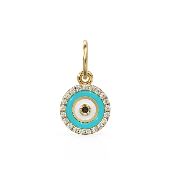 Charm Necklaces Jalvi Co 14k Gold Turquoise and White Diamond Evil Eye Pendant Charm 14k White Diamond and Turquoise Round Evil Eye Charm Lovely Protection