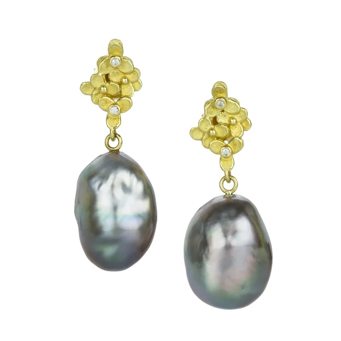 Earrings Barbara Heinrich Trillium and Diamond Tahitian Pearl Drop Earrings