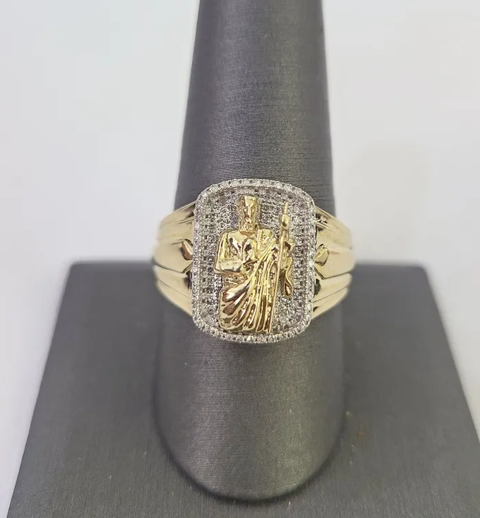 Globalwatches10 Real 10k Diamond Mens Ring Saint Jude Band Yellow Gold Casual Genuine Natural Rings