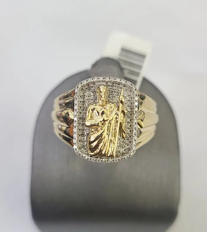 Globalwatches10 Real 10k Diamond Mens Ring Saint Jude Band Yellow Gold Casual Genuine Natural Rings