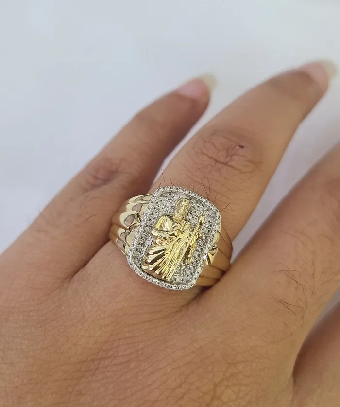 Globalwatches10 Real 10k Diamond Mens Ring Saint Jude Band Yellow Gold Casual Genuine Natural Rings