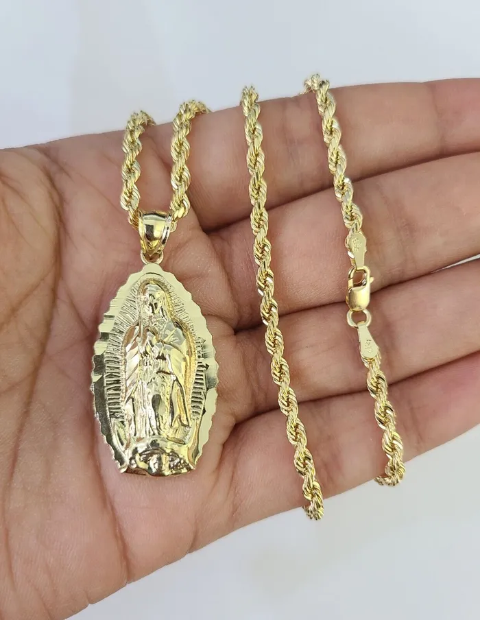 Gold and Diamond Necklaces 10k 3mm Rope Chain Virgin Mary Pendant 1830 Yellow Gold Set Charm Necklace Gold and Diamond Necklaces 10k 3mm Rope Chain Virgin Mary Pendant 1830 Yellow Gold Set Charm Necklace