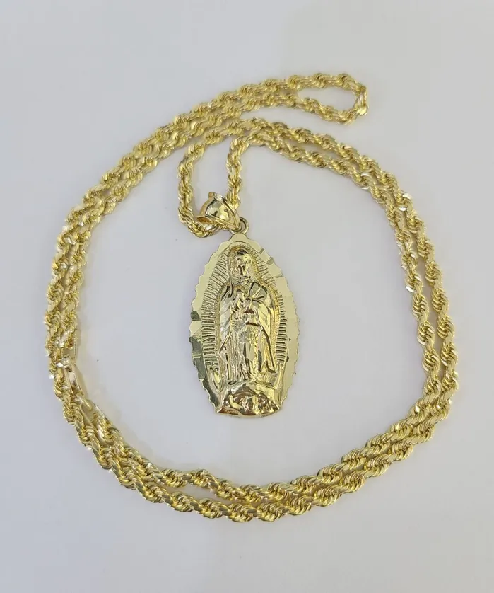 Gold and Diamond Necklaces 10k 3mm Rope Chain Virgin Mary Pendant 1830 Yellow Gold Set Charm Necklace