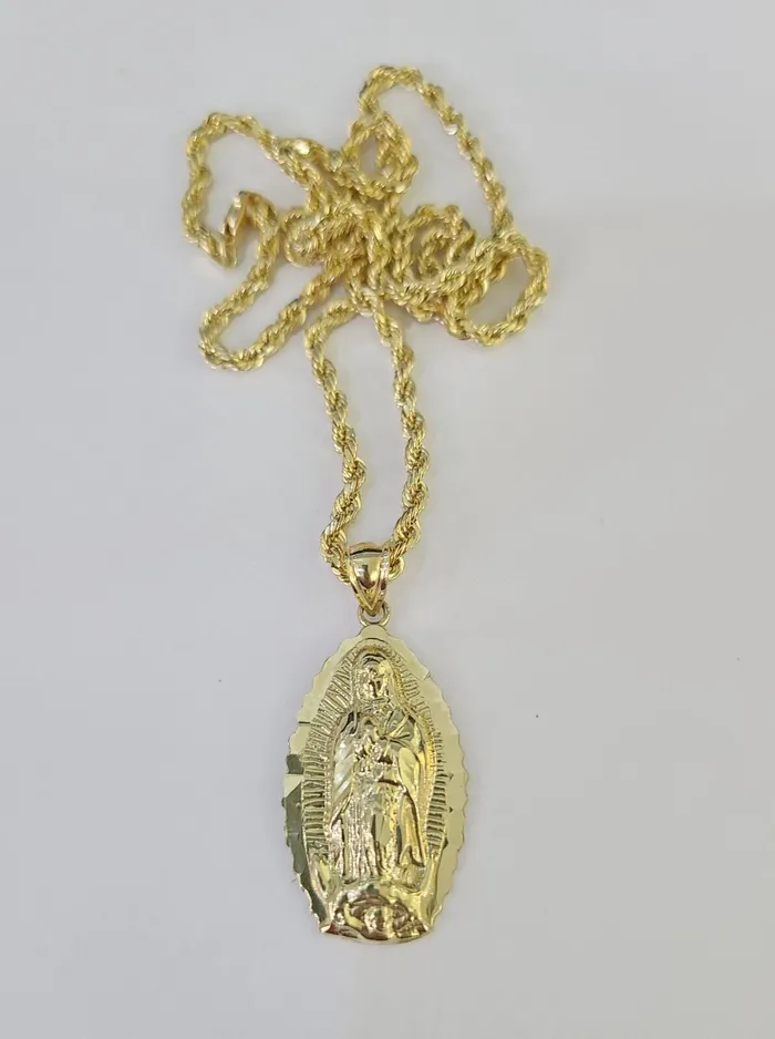 Gold and Diamond Necklaces 10k 3mm Rope Chain Virgin Mary Pendant 1830 Yellow Gold Set Charm Necklace