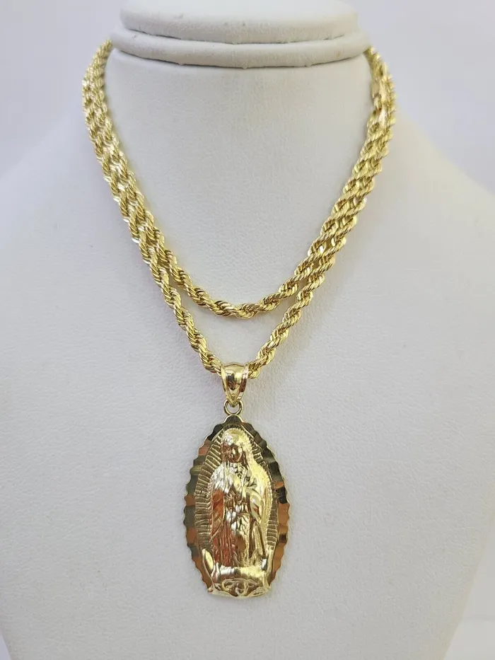 Gold and Diamond Necklaces 10k 3mm Rope Chain Virgin Mary Pendant 1830 Yellow Gold Set Charm Necklace