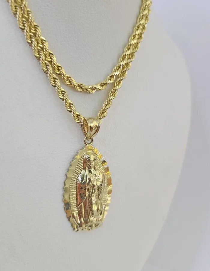 Gold and Diamond Necklaces 10k 3mm Rope Chain Virgin Mary Pendant 1830 Yellow Gold Set Charm Necklace