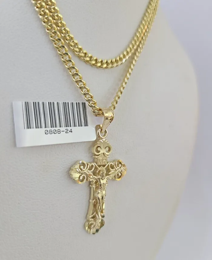 Gold and Diamond Necklaces 10K Gold Miami Cuban Chain INRI Jesus Cross 1828 3mm Pendant Necklace SET