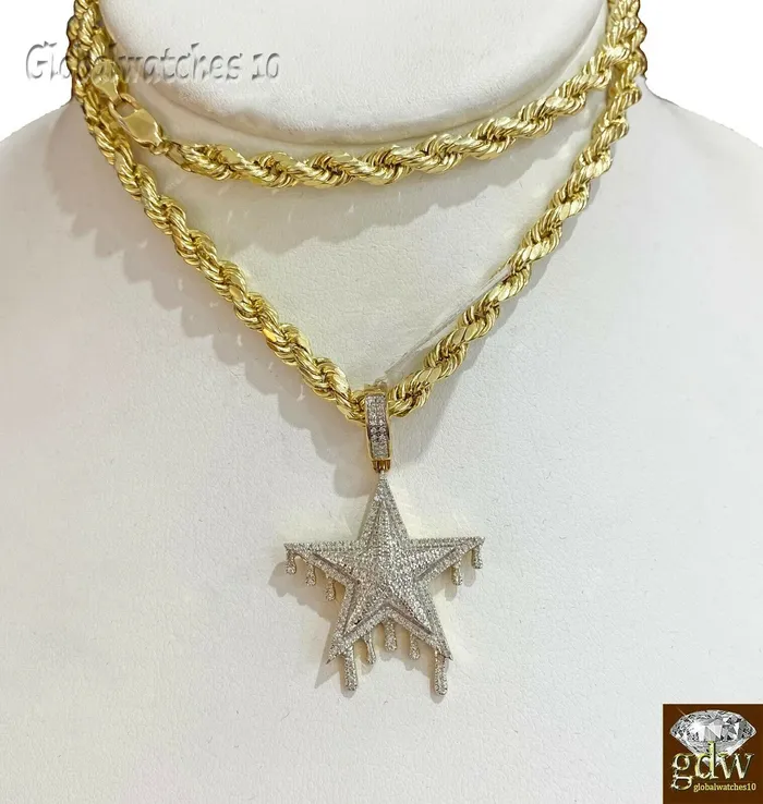Necklaces Gold and Diamond 10k Gold Diamond Charm with Rope Chain in 20 22 24 26 inch Star Shape Pendant