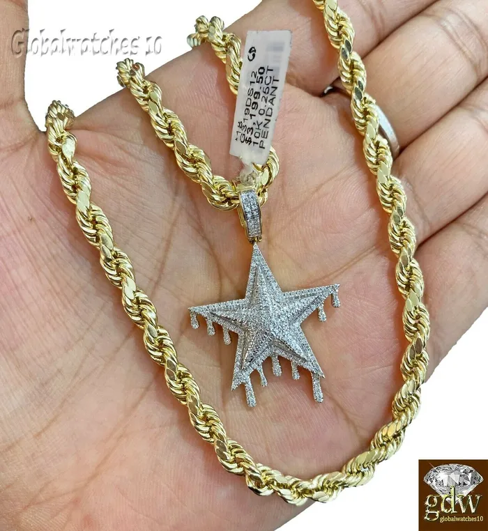 Necklaces Gold and Diamond 10k Gold Diamond Charm with Rope Chain in 20 22 24 26 inch Star Shape Pendant
