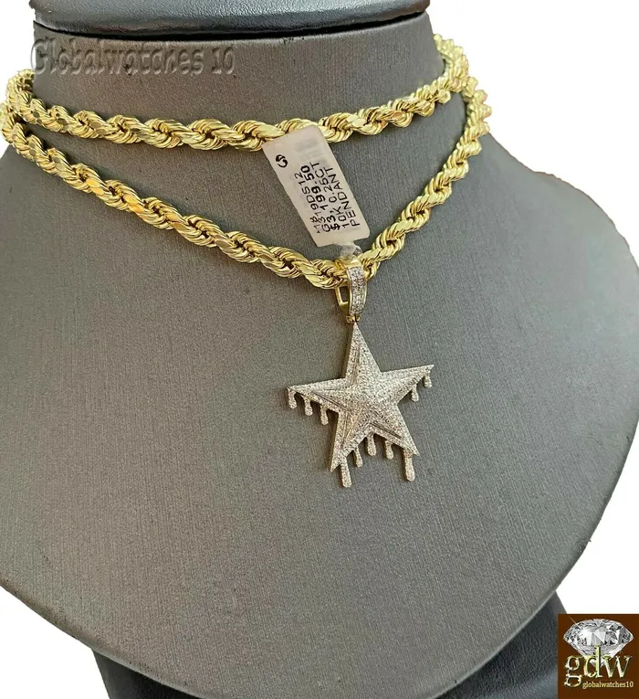 Necklaces Gold and Diamond 10k Gold Diamond Charm with Rope Chain in 20 22 24 26 inch Star Shape Pendant
