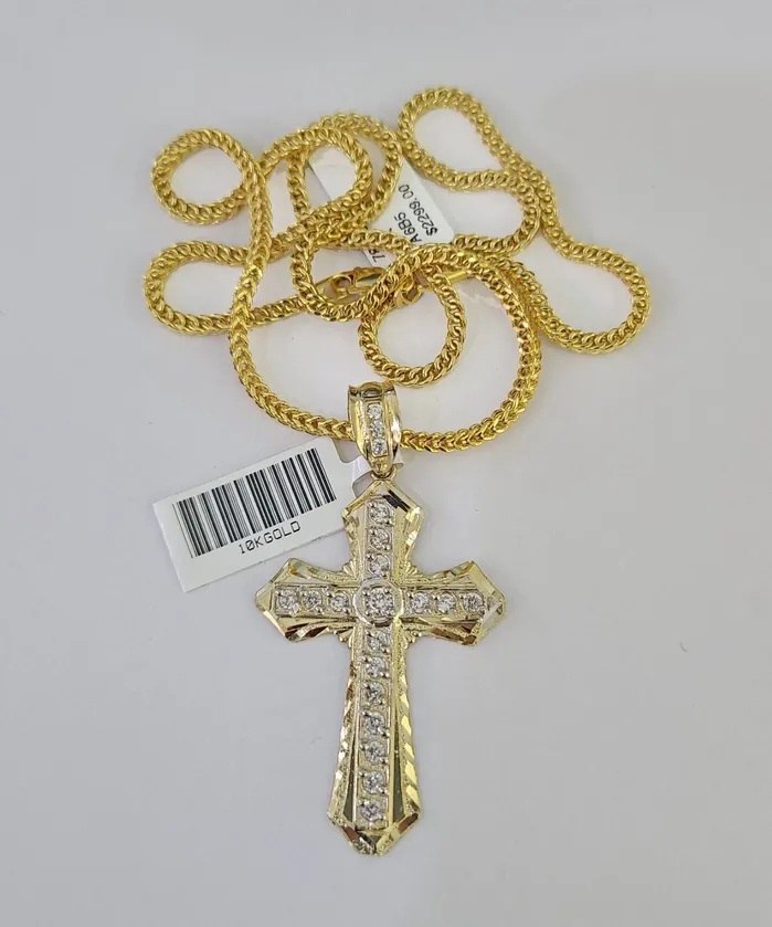Necklaces Gold and Diamond 10K Gold Franco Chain Jesus Cross Charm Pendant 2026 inches 25mm REAL Yellow
