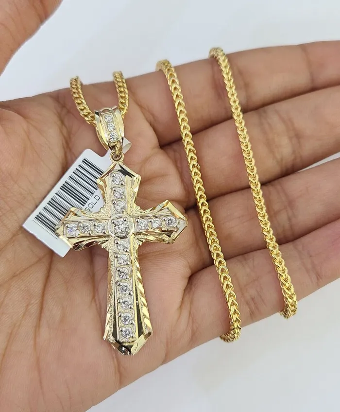 Necklaces Gold and Diamond 10K Gold Franco Chain Jesus Cross Charm Pendant 2026 inches 25mm REAL Yellow