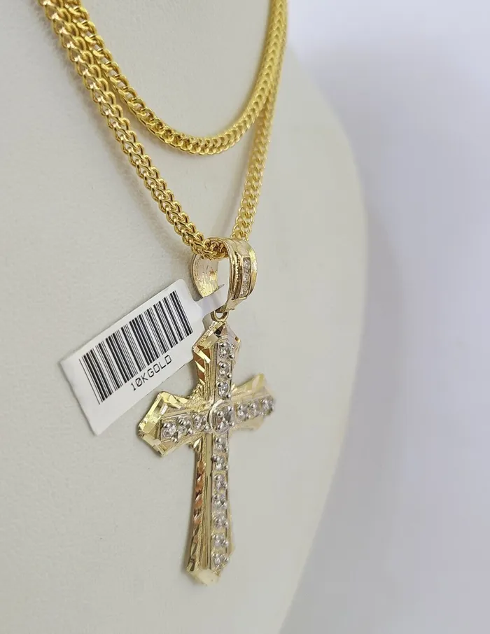 Necklaces Gold and Diamond 10K Gold Franco Chain Jesus Cross Charm Pendant 2026 inches 25mm REAL Yellow