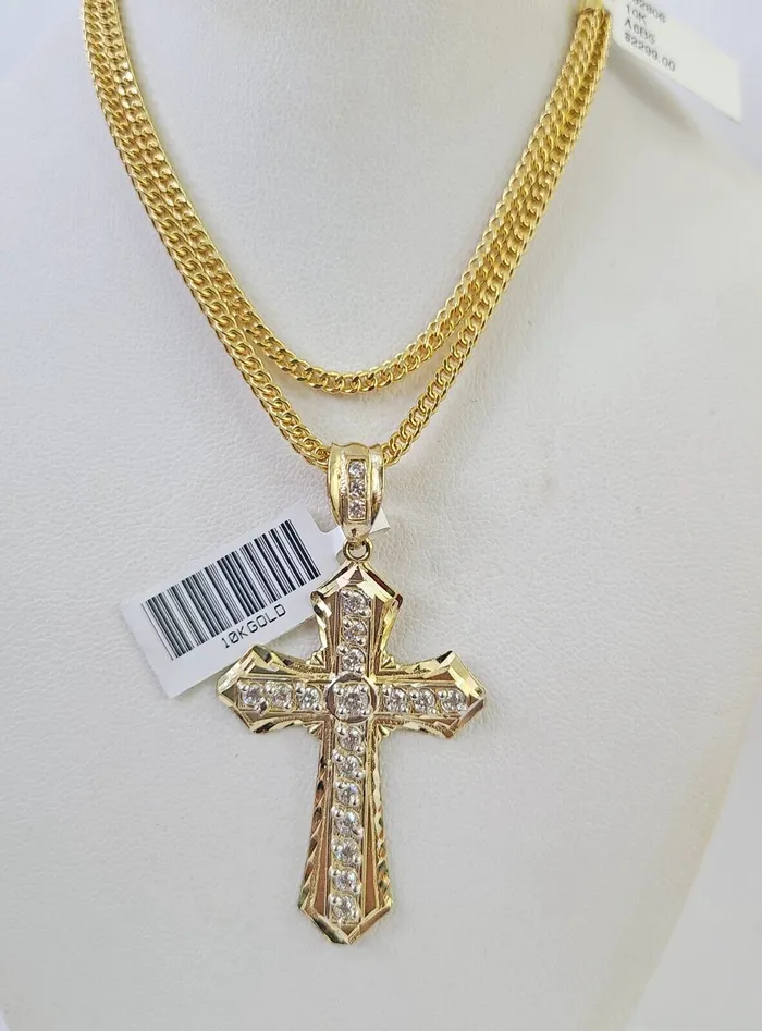Necklaces Gold and Diamond 10K Gold Franco Chain Jesus Cross Charm Pendant 2026 inches 25mm REAL Yellow