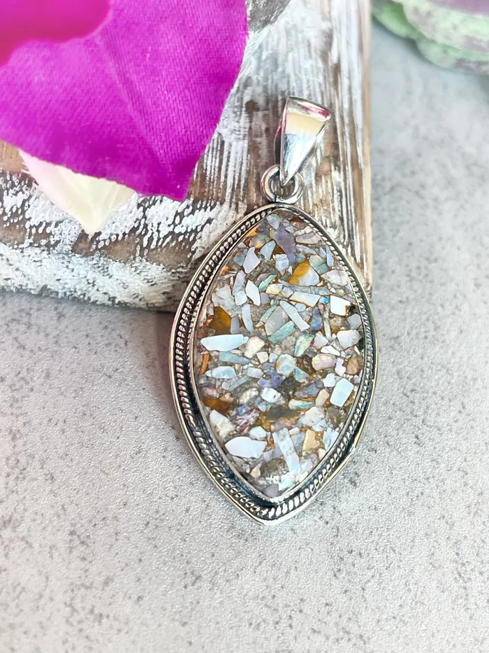 Necklaces SophiaRene Boutique Sterling Silver Crushed Opal Artisan Pendant Marquee Necklaces SophiaRene Boutique Sterling Silver Crushed Opal Artisan Pendant Marquee