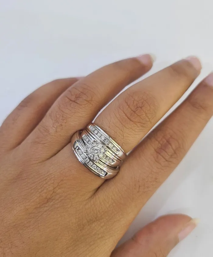REAL 14k Diamond Ring White Gold Ladies Men Trio SET Wedding Engagement Genuine Gold and Diamond Rings