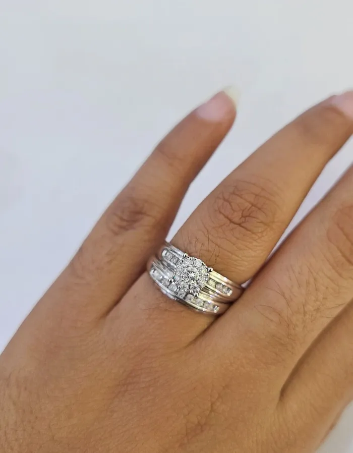 REAL 14k Diamond Ring White Gold Ladies Men Trio SET Wedding Engagement Genuine Gold and Diamond Rings