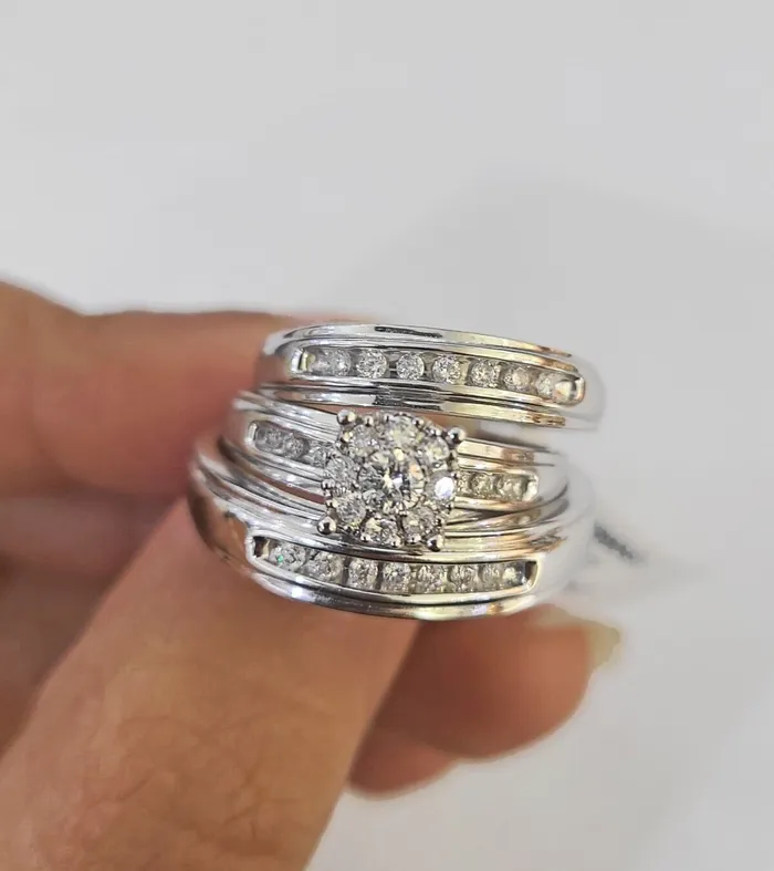 REAL 14k Diamond Ring White Gold Ladies Men Trio SET Wedding Engagement Genuine Gold and Diamond Rings
