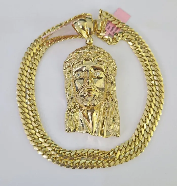 Real 14k Solid Chain Jesus Head Charm Set Miami Cuban 6mm Necklace Pendant Gold Gold and Diamond Necklaces Real 14k Solid Chain Jesus Head Charm Set Miami Cuban 6mm Necklace Pendant Gold Gold and Diamond Necklaces