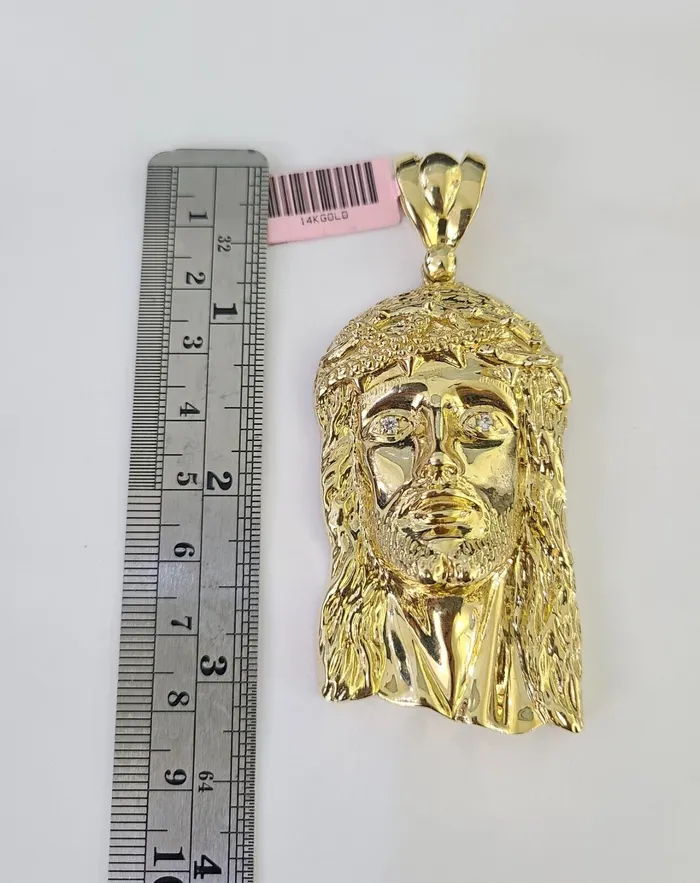 Real 14k Solid Chain Jesus Head Charm Set Miami Cuban 6mm Necklace Pendant Gold Gold and Diamond Necklaces
