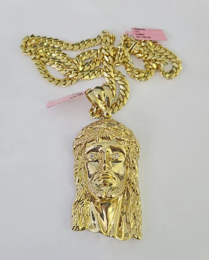 Real 14k Solid Chain Jesus Head Charm Set Miami Cuban 6mm Necklace Pendant Gold Gold and Diamond Necklaces