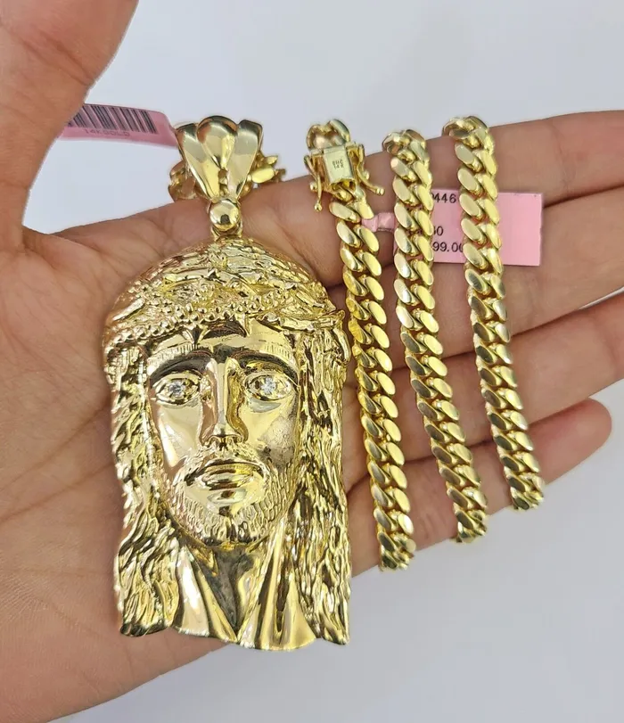 Real 14k Solid Chain Jesus Head Charm Set Miami Cuban 6mm Necklace Pendant Gold Gold and Diamond Necklaces