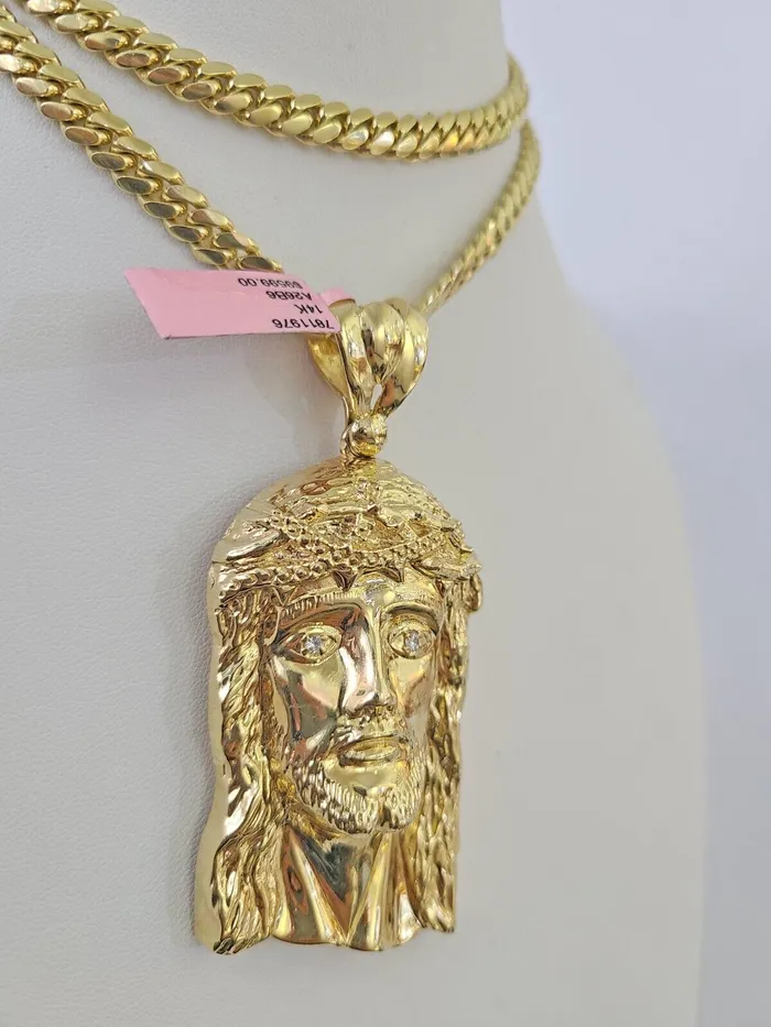 Real 14k Solid Chain Jesus Head Charm Set Miami Cuban 6mm Necklace Pendant Gold Gold and Diamond Necklaces