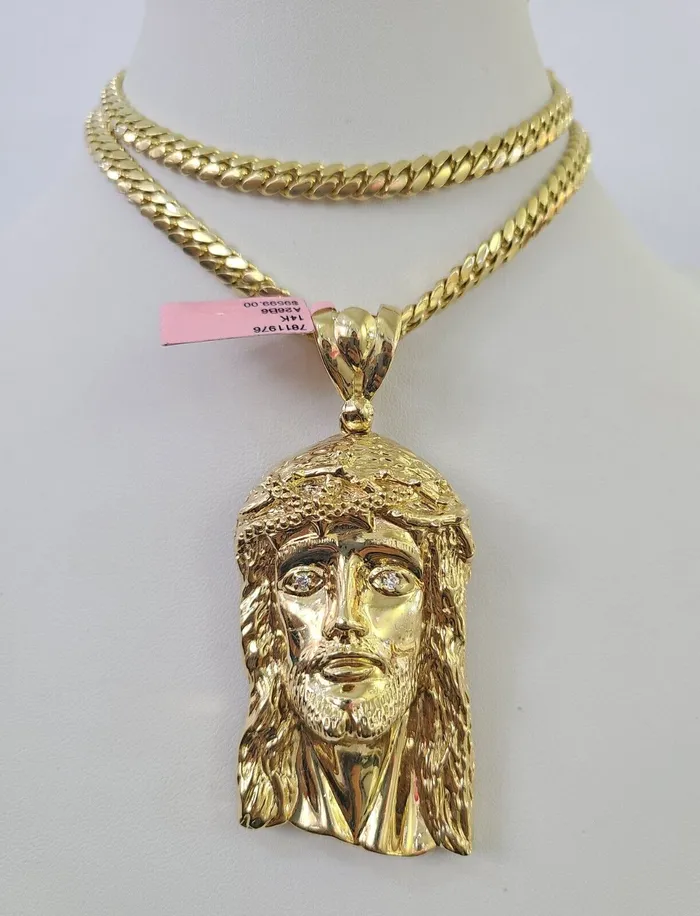 Real 14k Solid Chain Jesus Head Charm Set Miami Cuban 6mm Necklace Pendant Gold Gold and Diamond Necklaces