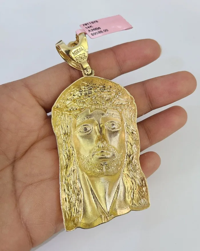 Real 14k Solid Chain Jesus Head Charm Set Miami Cuban 6mm Necklace Pendant Gold Gold and Diamond Necklaces
