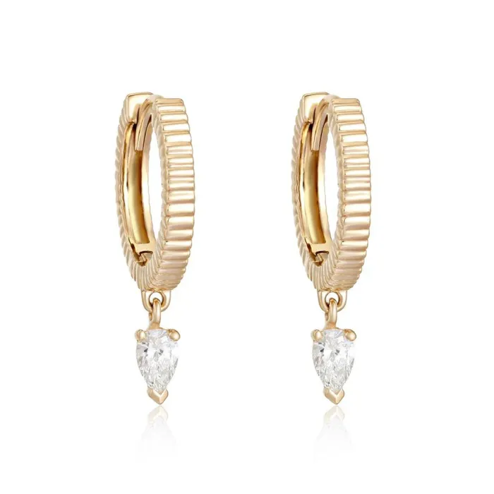 Alev Collection Earrings Dangling Pear Diamond Gold Fluted Huggies