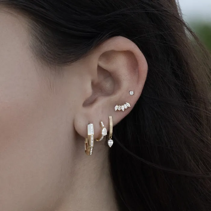 Alev Collection Earrings Dangling Pear Diamond Gold Fluted Huggies