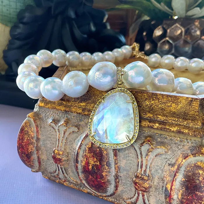 Elisa Ilana Freshwater Pearl Necklace with Faceted Rainbow Moonstone Pendant Necklaces Elisa Ilana Freshwater Pearl Necklace with Faceted Rainbow Moonstone Pendant Necklaces