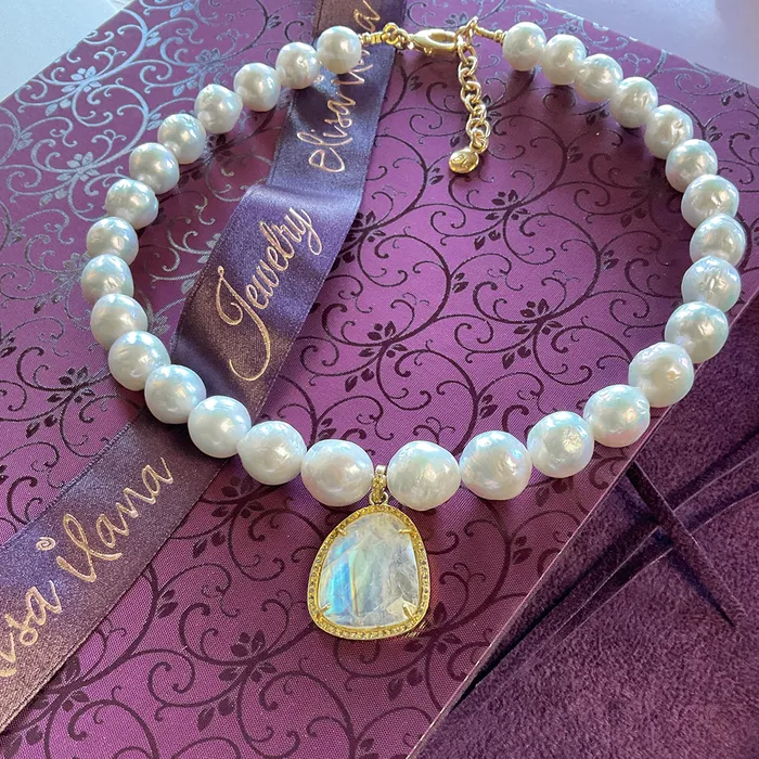 Elisa Ilana Freshwater Pearl Necklace with Faceted Rainbow Moonstone Pendant Necklaces Elisa Ilana Freshwater Pearl Necklace with Faceted Rainbow Moonstone Pendant Necklaces
