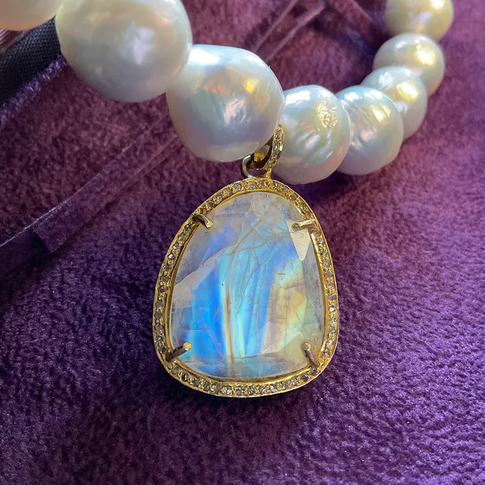 Elisa Ilana Freshwater Pearl Necklace with Faceted Rainbow Moonstone Pendant Necklaces Elisa Ilana Freshwater Pearl Necklace with Faceted Rainbow Moonstone Pendant Necklaces