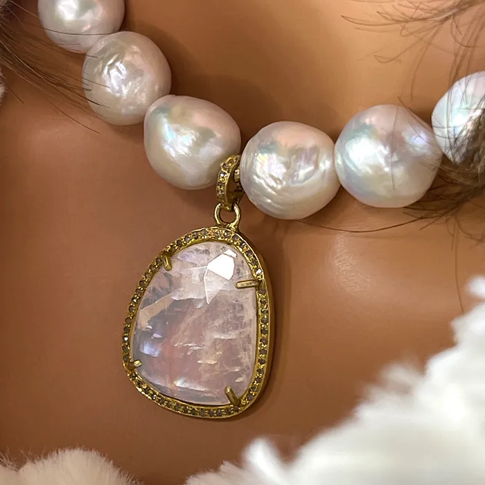Elisa Ilana Freshwater Pearl Necklace with Faceted Rainbow Moonstone Pendant Necklaces Elisa Ilana Freshwater Pearl Necklace with Faceted Rainbow Moonstone Pendant Necklaces