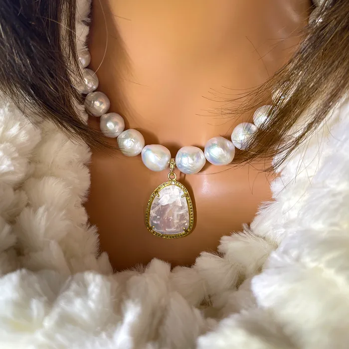 Elisa Ilana Freshwater Pearl Necklace with Faceted Rainbow Moonstone Pendant Necklaces Elisa Ilana Freshwater Pearl Necklace with Faceted Rainbow Moonstone Pendant Necklaces