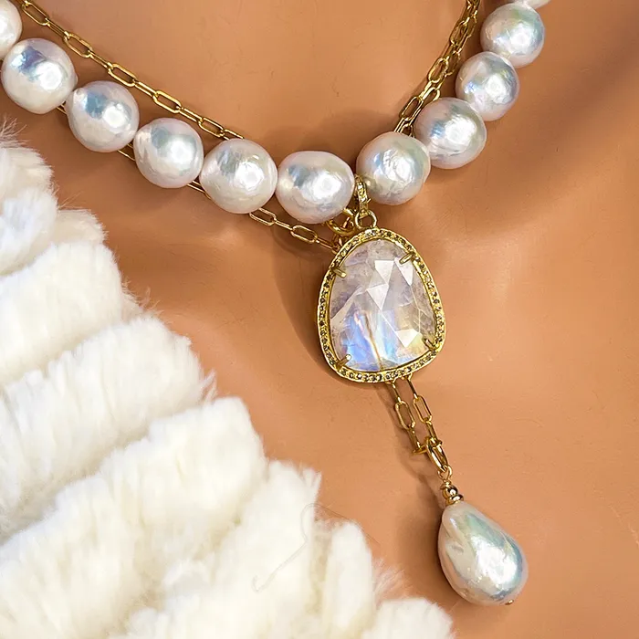 Elisa Ilana Freshwater Pearl Necklace with Faceted Rainbow Moonstone Pendant Necklaces Elisa Ilana Freshwater Pearl Necklace with Faceted Rainbow Moonstone Pendant Necklaces