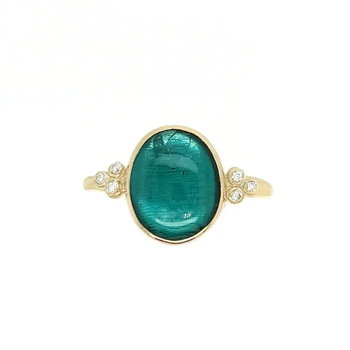Emily Amey Jewelry Rings Teal Green Tourmaline Cab with diamond clusters ring in 14k Emily Amey Jewelry Rings Teal Green Tourmaline Cab with diamond clusters ring in 14k