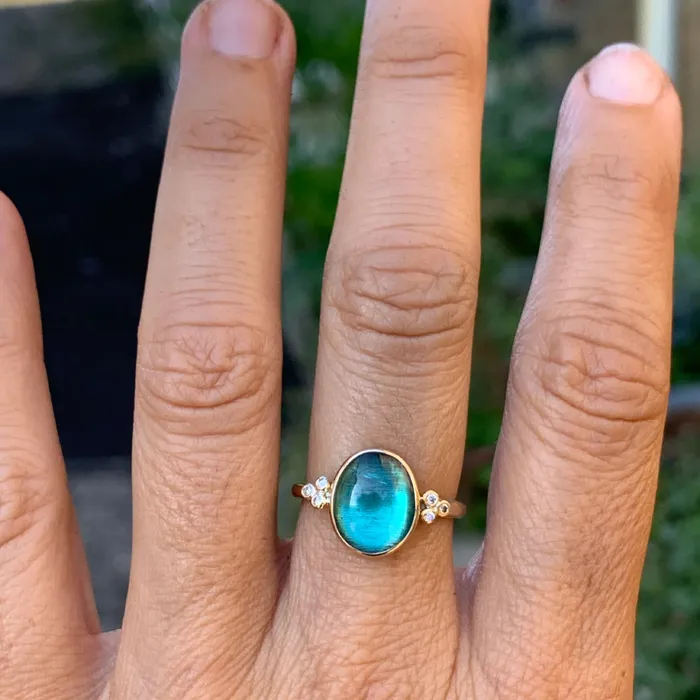 Emily Amey Jewelry Rings Teal Green Tourmaline Cab with diamond clusters ring in 14k