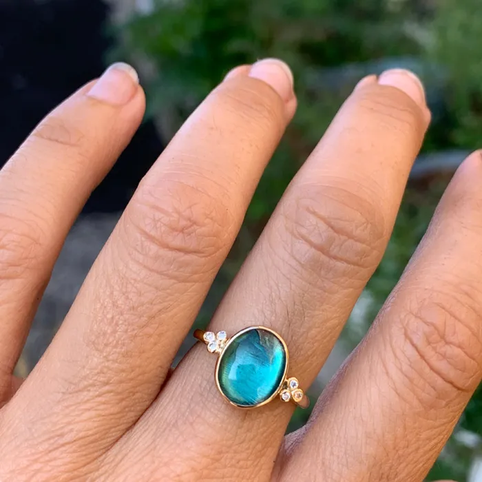 Emily Amey Jewelry Rings Teal Green Tourmaline Cab with diamond clusters ring in 14k