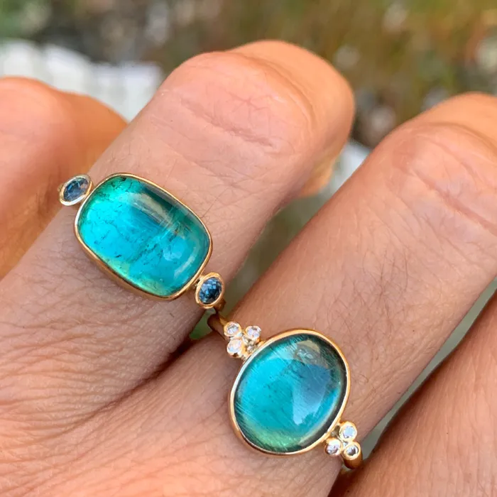 Emily Amey Jewelry Rings Teal Green Tourmaline Cab with diamond clusters ring in 14k