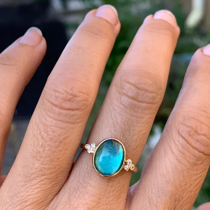 Emily Amey Jewelry Rings Teal Green Tourmaline Cab with diamond clusters ring in 14k