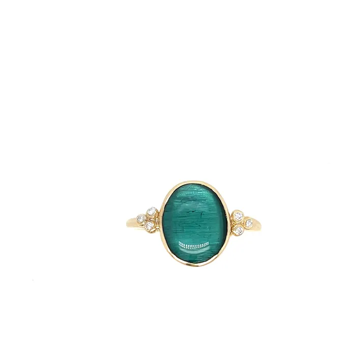Emily Amey Jewelry Rings Teal Green Tourmaline Cab with diamond clusters ring in 14k