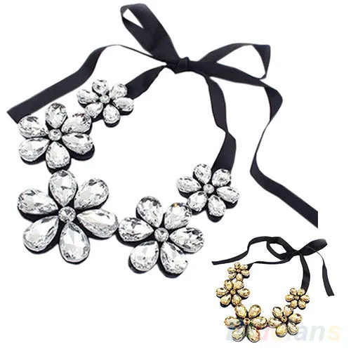 Flower Rhinestone Ribbon Bib Collar Statement Pendant Necklace sparklingselections Necklaces Flower Rhinestone Ribbon Bib Collar Statement Pendant Necklace sparklingselections Necklaces