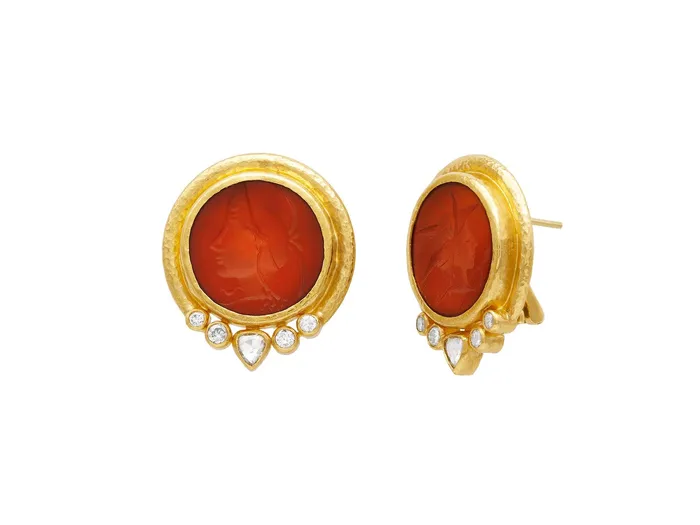 GG GOLD OOAK Earrings GURHAN Antiquities Gold Carnelian Intaglio Stud Earrings 18mm Round set in Wide Frame GG GOLD OOAK Earrings GURHAN Antiquities Gold Carnelian Intaglio Stud Earrings 18mm Round set in Wide Frame