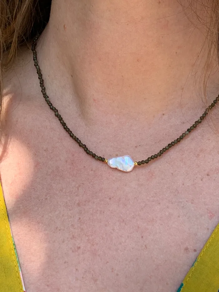 Necklaces Emily Amey Jewelry Keshi Pearl with Cats Eye beaded necklace