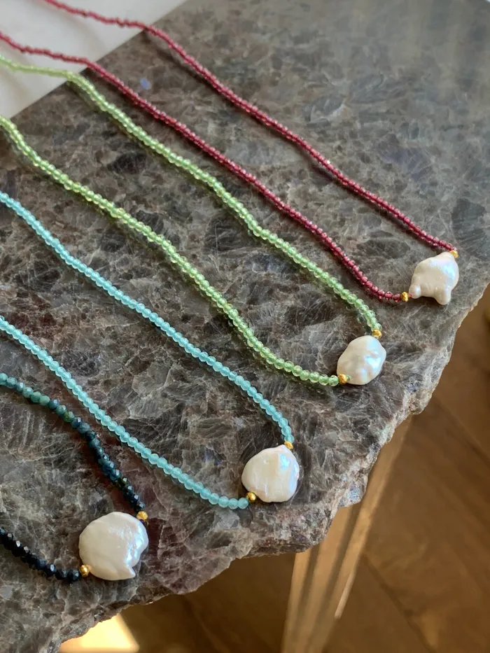 Necklaces Emily Amey Jewelry Keshi Pearl with Cats Eye beaded necklace