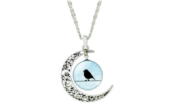 sparklingselections Necklaces Hollow Out Moon Shaped Glass Cabochon Bird Pattern Pendant Necklace sparklingselections Necklaces Hollow Out Moon Shaped Glass Cabochon Bird Pattern Pendant Necklace