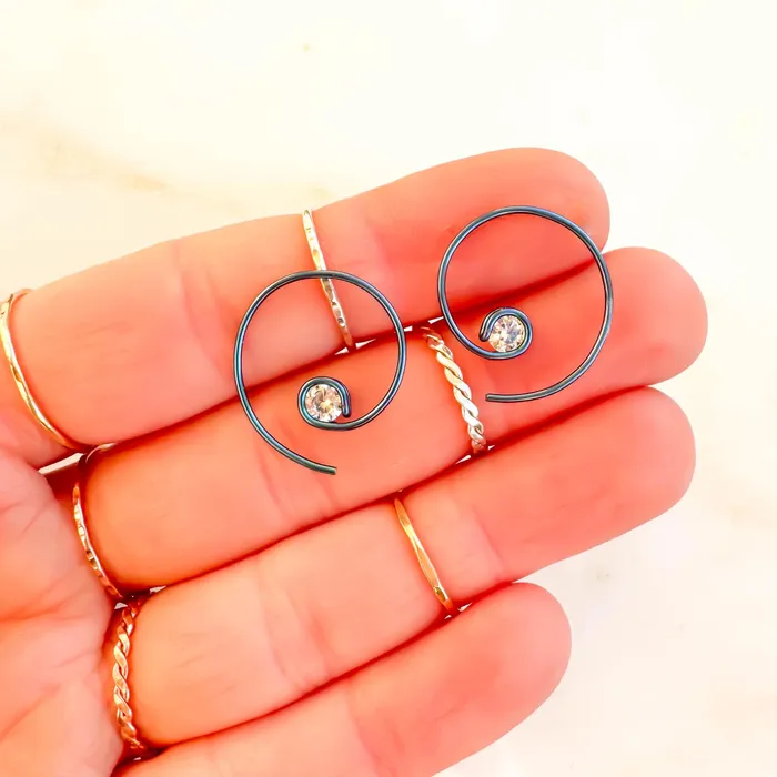Teal Mini CZ Spiral Hoop Earrings Niobium Hoops By Hand Earrings
