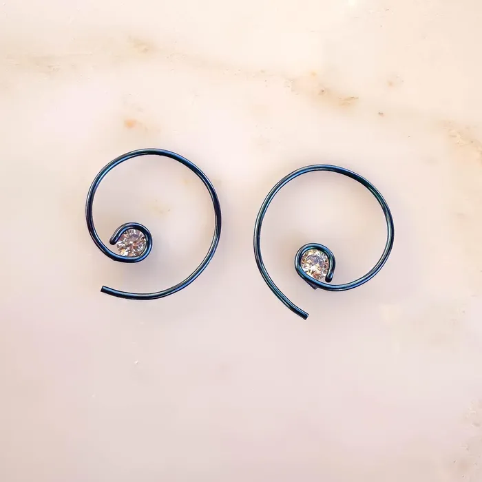Teal Mini CZ Spiral Hoop Earrings Niobium Hoops By Hand Earrings